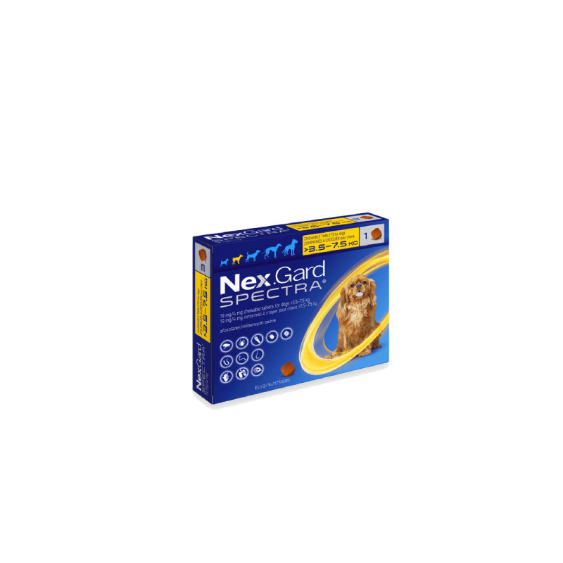 NexGard Spectra для собак весом 3–7 кг. Жевательные таблетки широкого спектра действия против блох, клещей, глистов и дирофилярии. Упаковка из 3 таблеток
