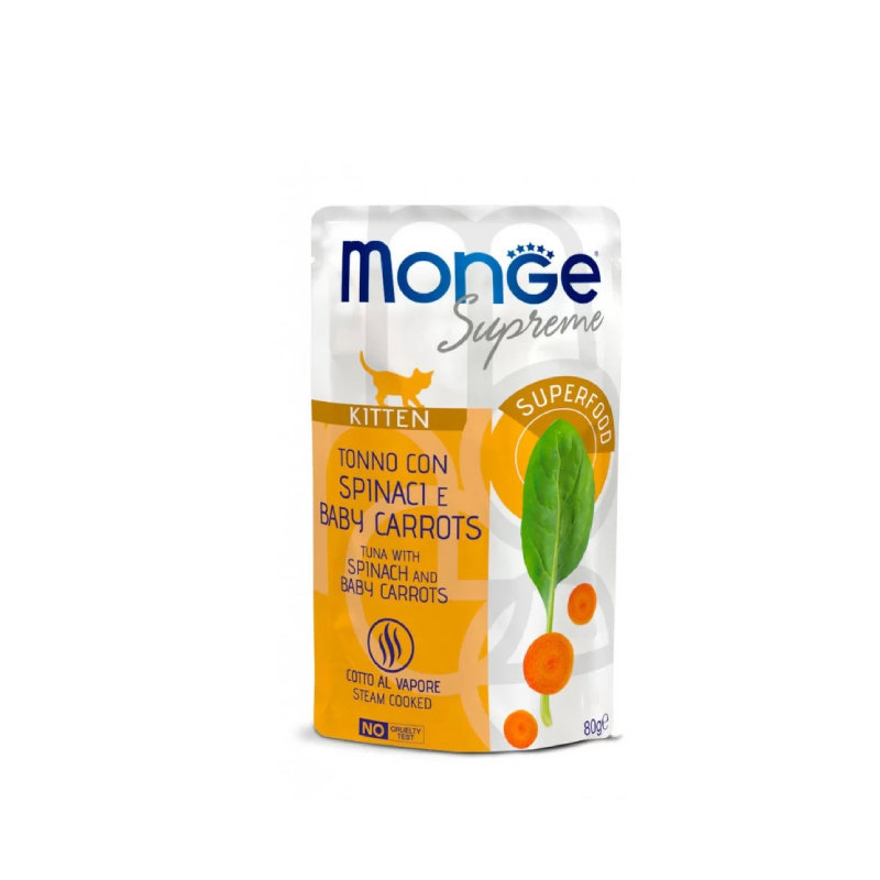 MONGE Supreme — влажный корм для котят с тунцом, шпинатом и мини-морковкой, 80 г