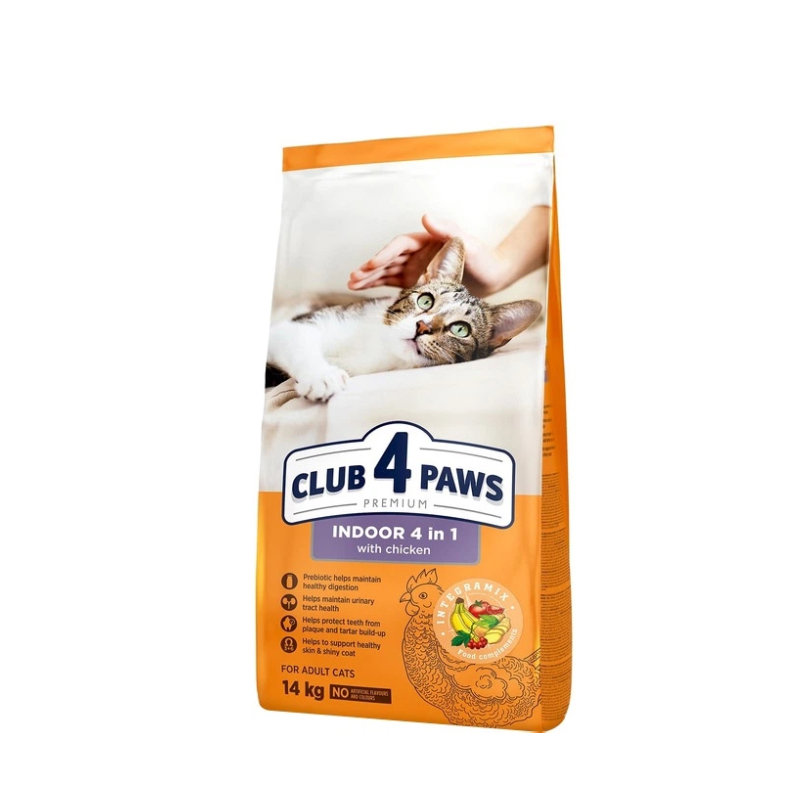 Club 4 Paws Premium Indoor 4 в 1 — полноценный сухой корм для взрослых кошек, живущих в помещении, с курицей, рисом и пребиотиком MOS, кг