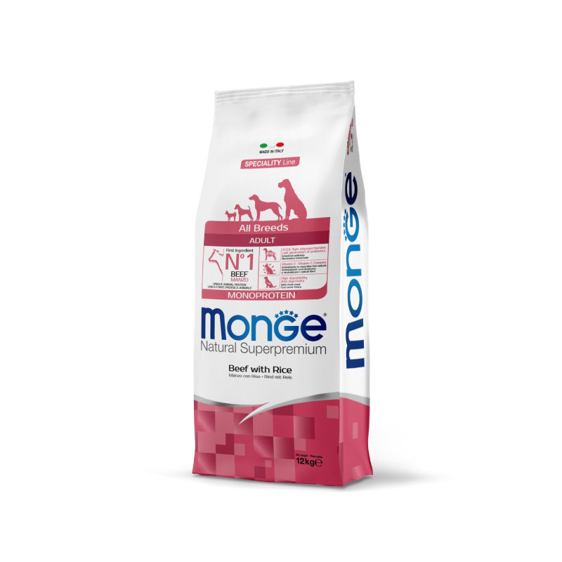 MONGE Natural Superpremium Monoprotein Mal Əti və Düyü ilə Bütün Cins Yetkin İtlər üçün Quru Yem