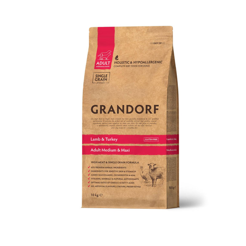 Grandorf — сухой корм с низким содержанием зерновых из баранины и индейки для взрослых собак всех пород