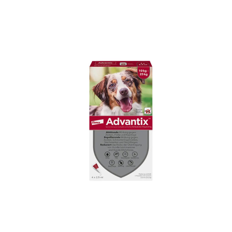 Advantix Spot-On — средство от блох, клещей и комаров для собак весом 10–25 кг, 2,5 мл × 4 пипетки