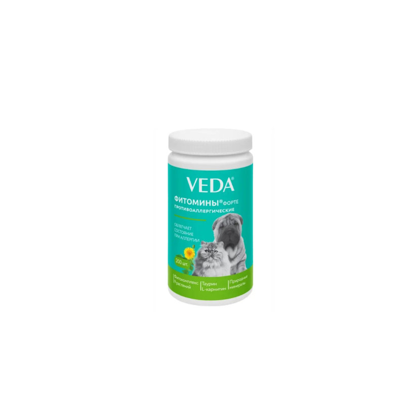 Veda FitoMiny Forte — корм для кошек и собак, бытовая химия, средство для снижения аллергии, при кожной аллергии, против экземы, фитокомплекс из 9 трав, таурин, пищевая добавка с L-карнитином, 200 таблеток