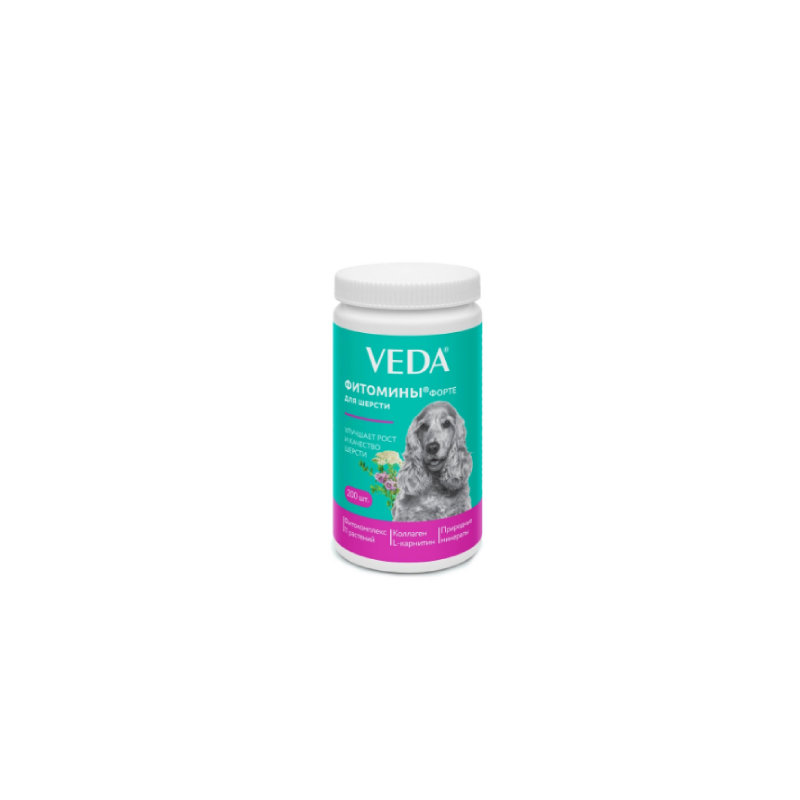 Veda FitoMiny Forte для улучшения качества шерсти собак, стимулирования роста, предотвращения выпадения шерсти: фитокомпоненты, коллаген, L-карнитин, минеральный комплекс — пищевая добавка, 200 таблеток