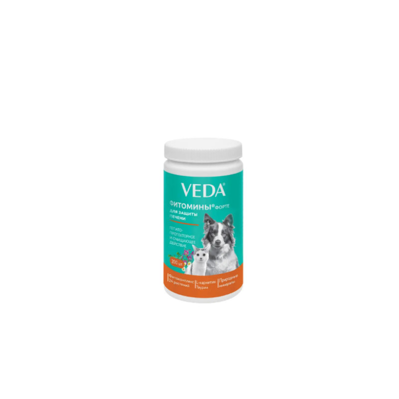 Veda FitoMiny Forte для кошек и собак: гепатопротектор, желчегонное средство, средство для восстановления после отравлений, глистных инвазий и лекарственной токсичности. Пищевая добавка на основе фитокомплекса из 24 трав, 200 таблеток