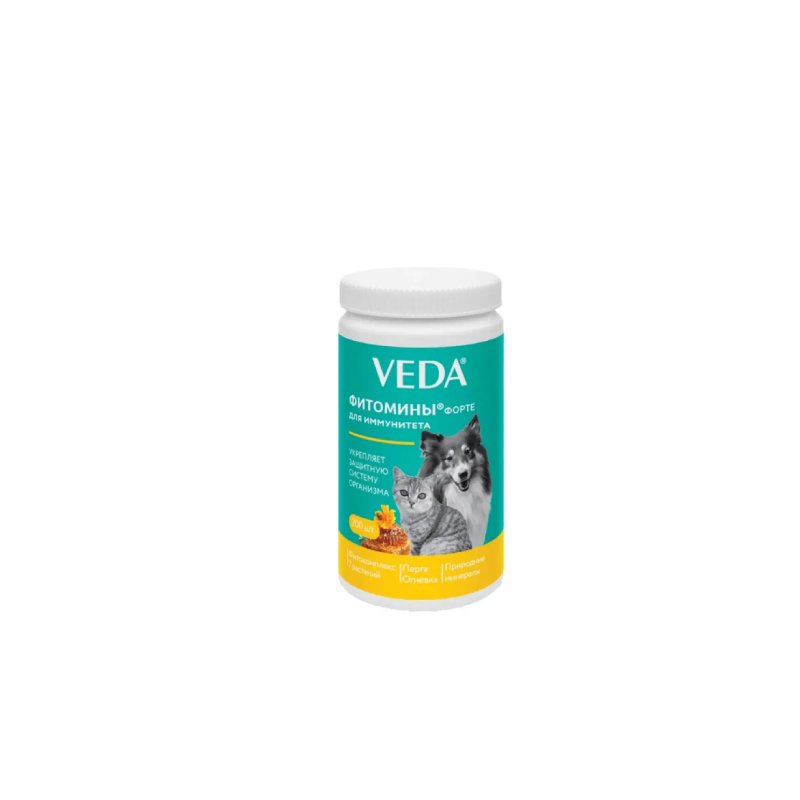 Veda FitoMiny Forte — фитокомплекс для кошек и собак, укрепляющий иммунитет, повышающий сопротивляемость заболеваниям и ускоряющий восстановление; пищевая добавка с L-карнитином, таурином и минеральным комплексом, 200 таблеток