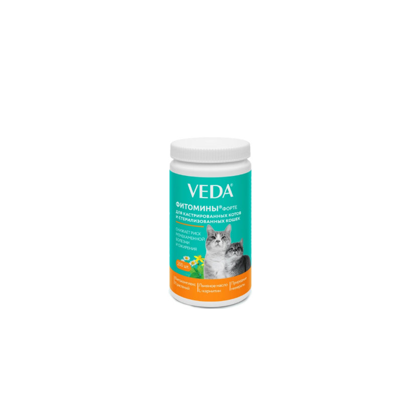 Veda FitoMiny Forte Qısırlaşdırılmış, Sterilizasiya Edilmiş Pişik üçün Piylənmə, Sidik Daşı Əleyhinə, Maddələr Mübadiləsini Aktivləşdirici Fitokompleks, Kətan Yağı, L-Karnitin, Taurin Qida Əlavəsi, 200 Tablet
